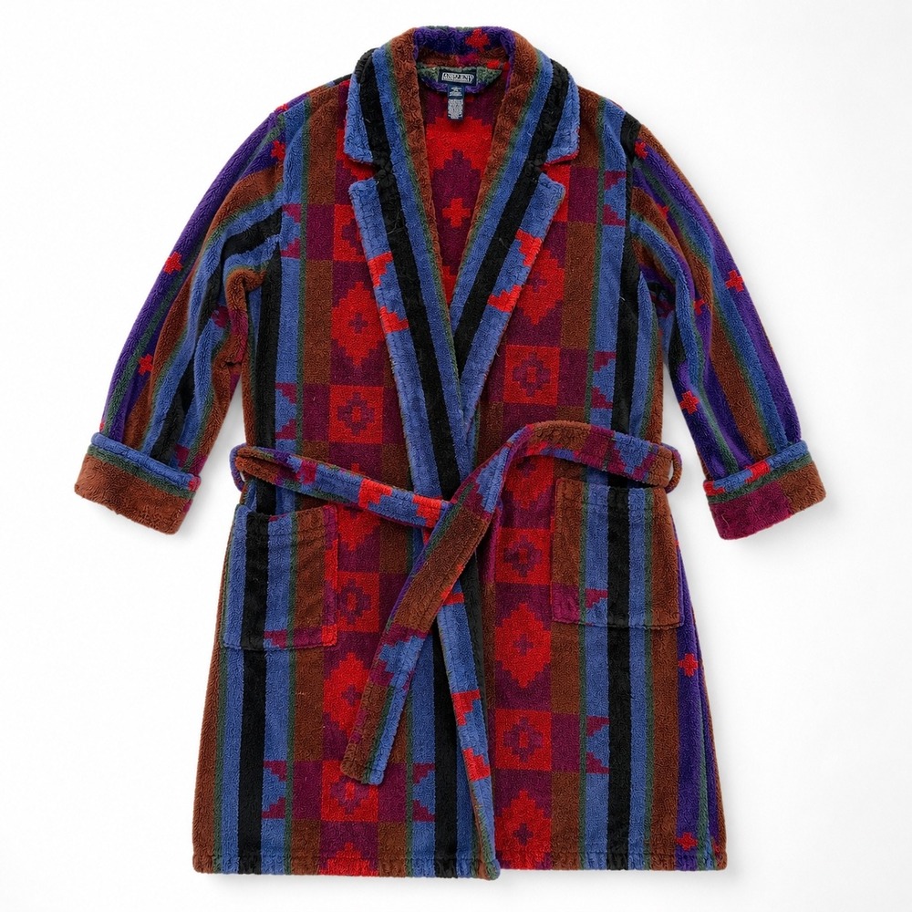 VTG Lands End Robe Mens M Southwestern Geometric Terry Cloth Thick Cotton Brazil